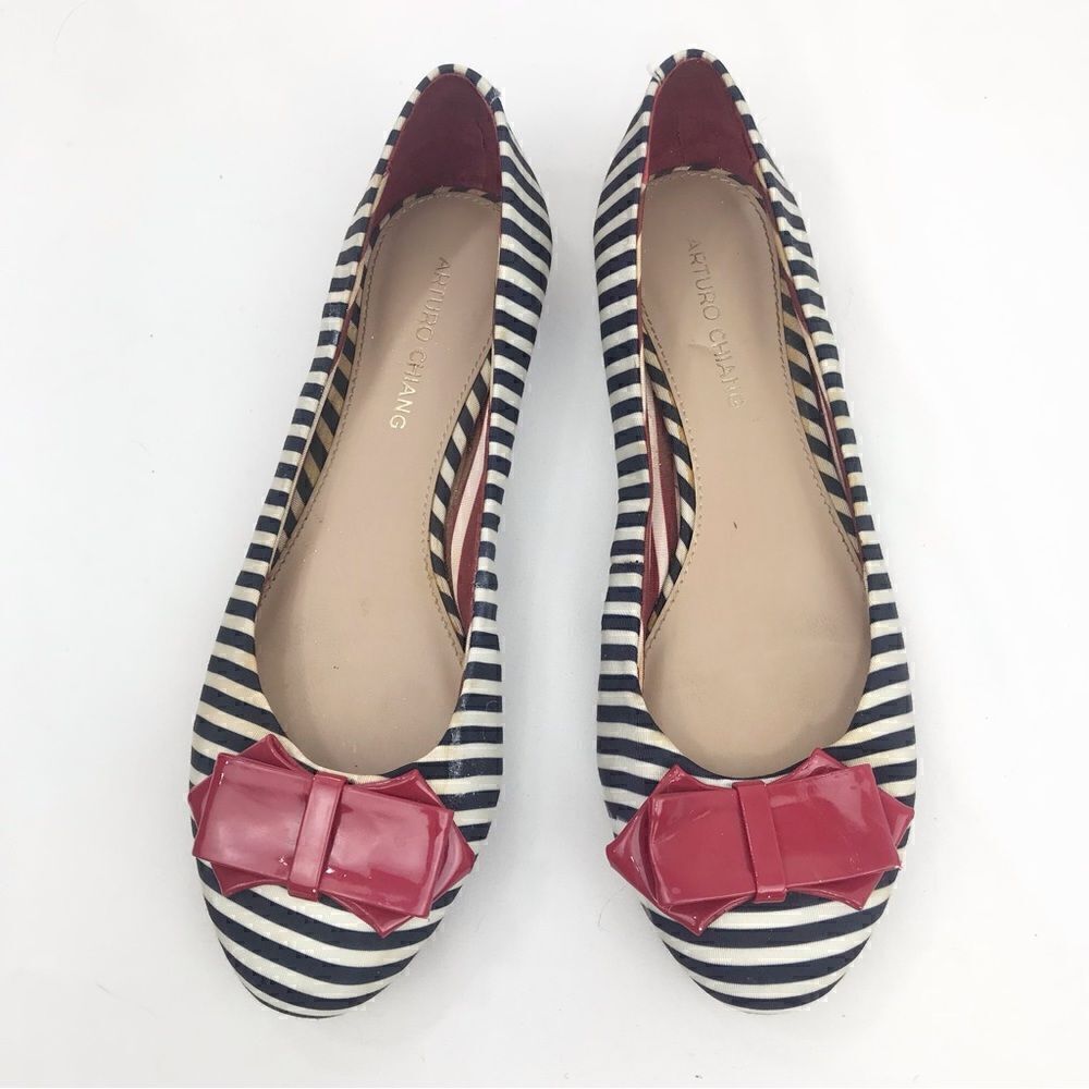Arturo Chiang REJINA Navy Blue Stripe Red Bow Nautical Ballet Flats